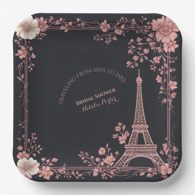 Blush Pink French Miss to Mrs Bridal Shower Paris  Paper Plate (Front)