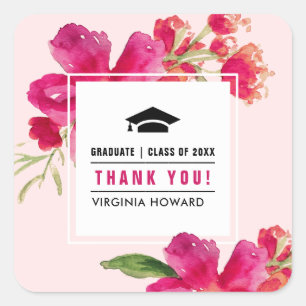 Blush Pink Fuchsia Watercolor Floral Graduation Square Sticker