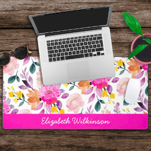 Blush pink fuchsia watercolor flowers name desk mat