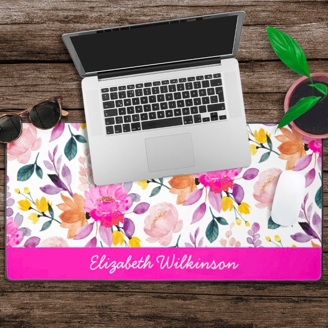 Blush pink fuchsia watercolor flowers name desk mat (Creator Uploaded)