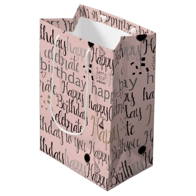 Blush Pink Fun Happy Balloons Birthday Medium Gift Bag (Front Angled)