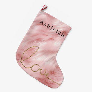 Blush Pink Fur Gold Glitter Love Large Christmas Stocking