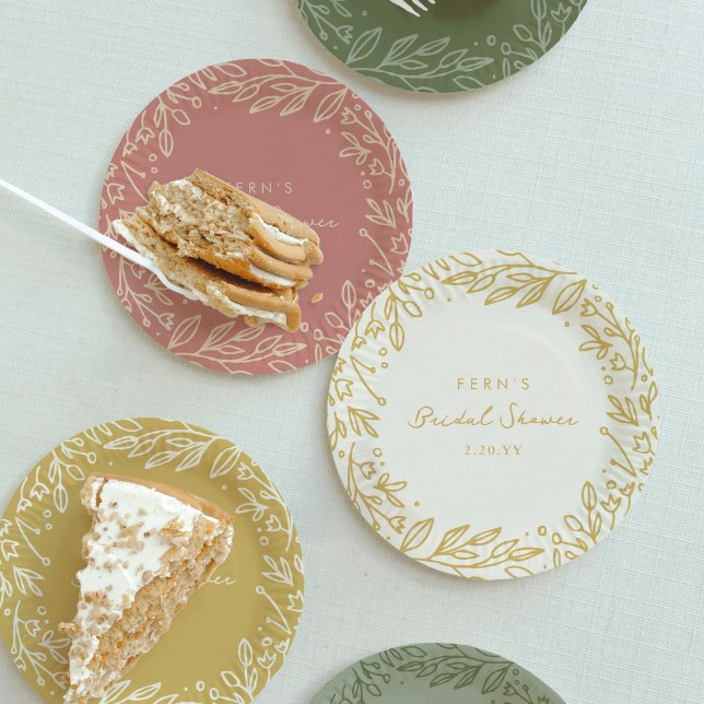 Blush Pink Garden Floral Bridal Shower Paper Plate (Sage green, blush pink, and golden paper party plates from the Gilded Garden bridal shower suite.)