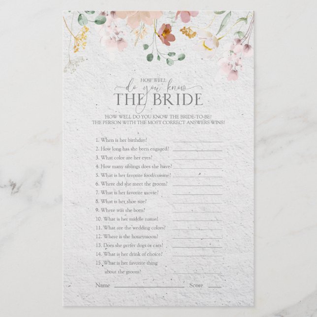 Blush Pink Garden Flowers Bridal Shower Game (Front)