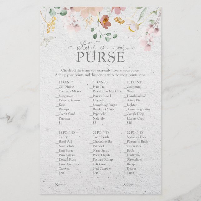 Blush Pink Garden Flowers Bridal Shower Purse Game (Front)