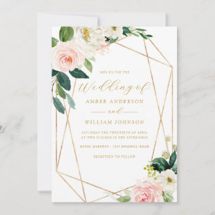 Blush Pink Geo Floral Wreath Wedding   Invitation