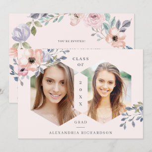 Blush Pink Geometric Floral   Photo Grad Party Invitation