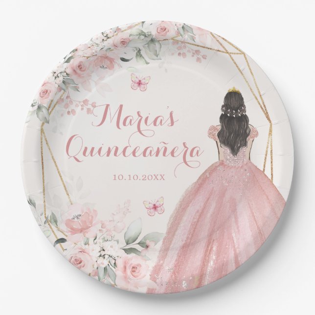 Blush Pink Geometric Floral Princess 15 Años Paper Plate (Front)