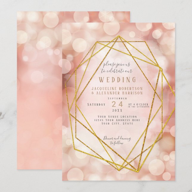 Blush Pink Geometric Gold Glitter Twinkle Lights Invitation (Front/Back)