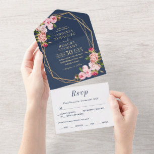 Blush Pink Geometric Royal Blue Navy Wedding All In One Invitation