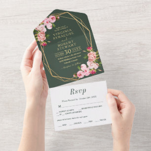 Blush Pink Geometric Royal Green Wedding All In One Invitation
