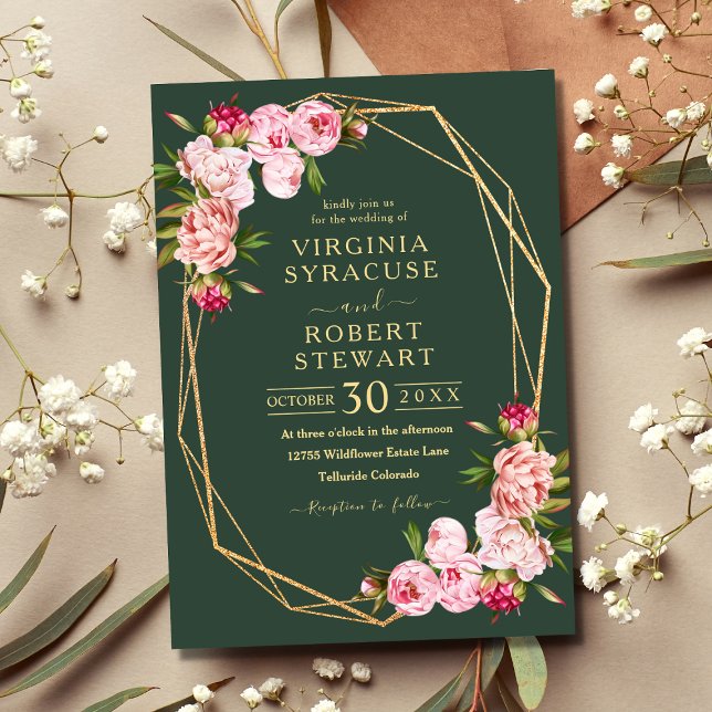 Blush Pink Geometric Royal Green Wedding Invitation (Creator Uploaded)