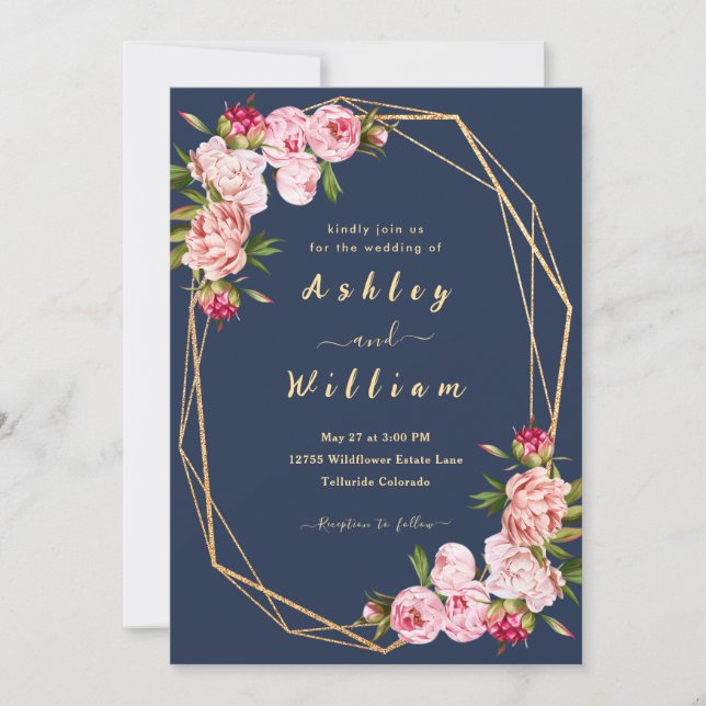 Blush Pink Geometric Royal Navy Blue Wedding Invitation (Front)