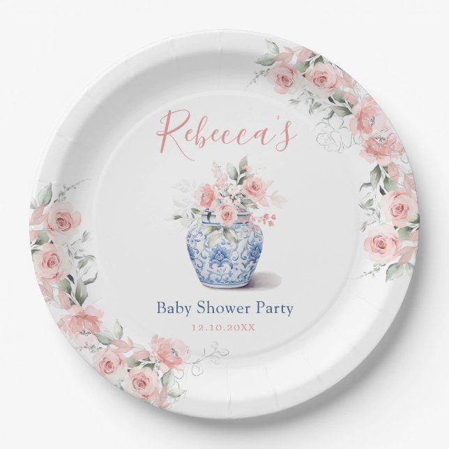 Blush Pink Ginger Jar Chinoiserie Baby Shower Paper Plate (Front)