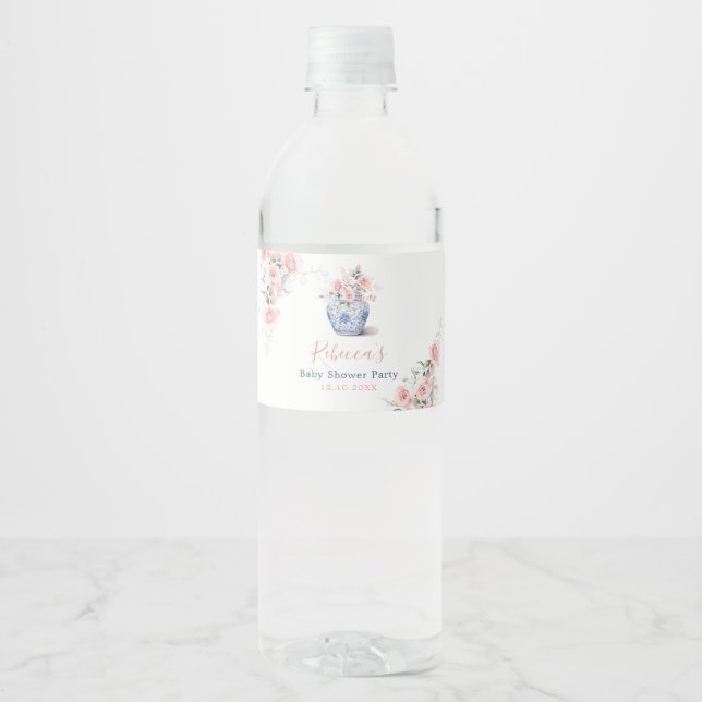 Blush Pink Ginger Jar Chinoiserie Shower Paper Water Bottle Label (Front)