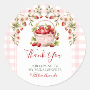 Blush Pink Gingham Berry in love Bridal Shower Classic Round Sticker
