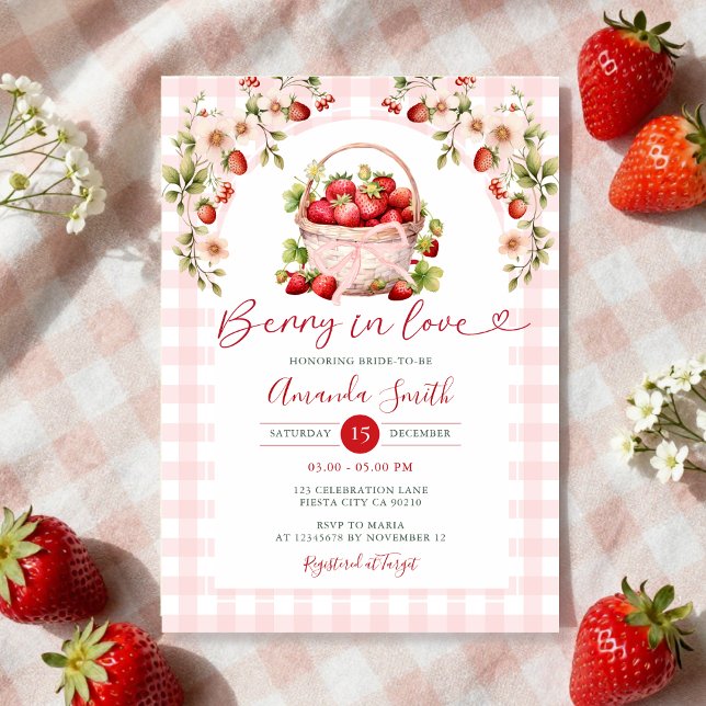 Blush Pink Gingham Berry in love Bridal Shower  Invitation (Creator Uploaded)