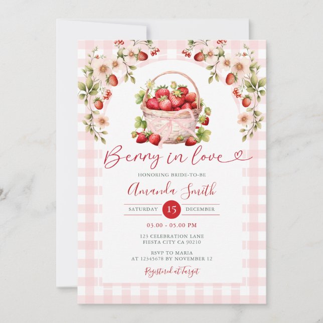 Blush Pink Gingham Berry in love Bridal Shower  Invitation (Front)