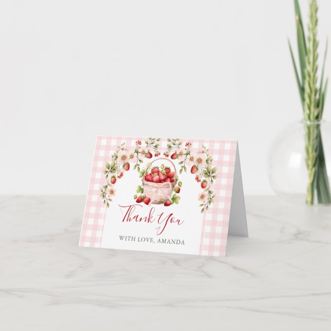 Blush Pink Gingham Berry in love Bridal Shower Thank You Card (Front)