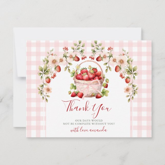 Blush Pink Gingham Berry in love Bridal Shower Thank You Card (Front)