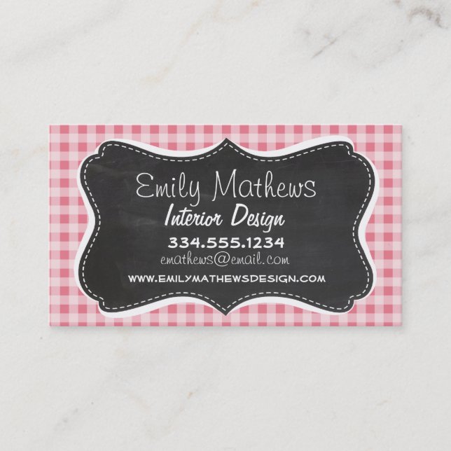 Blush Pink Gingham; Chalkboard look Business Card (Front)