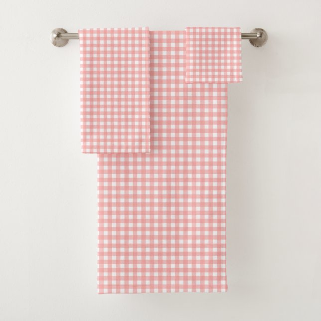 Blush Pink Gingham Check Pattern Bath Towel Set (Insitu)
