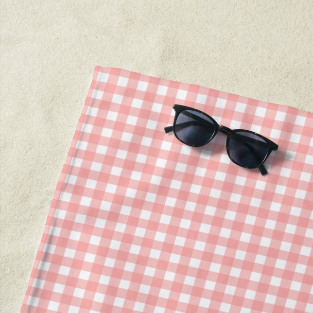 Blush Pink Gingham Check Pattern Beach Towel (In Situ)