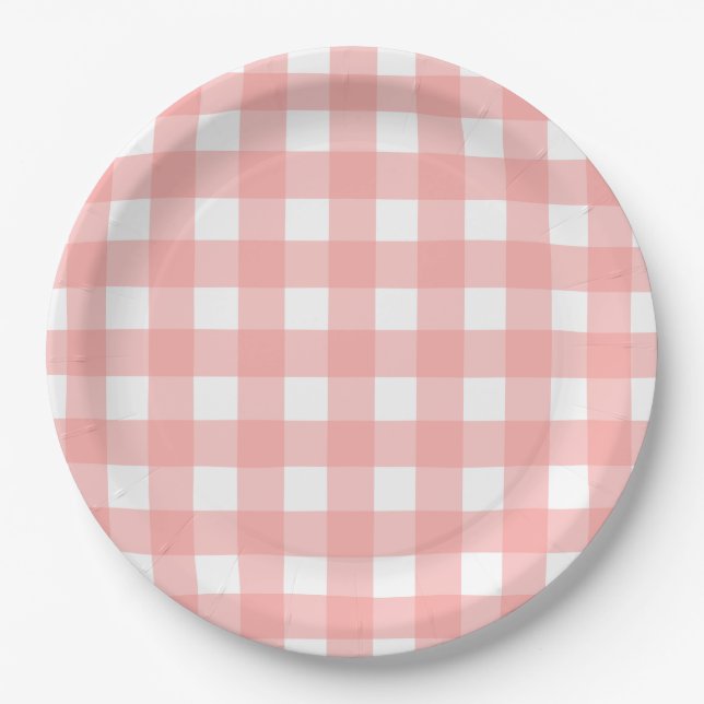 Blush Pink Gingham Check Pattern Paper Plate (Front)