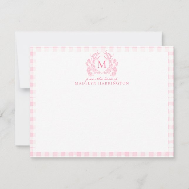Blush Pink Gingham Floral Crest Monogram Card (Front)
