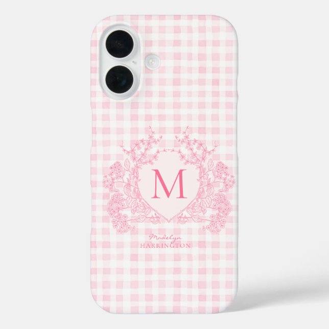 Blush Pink Gingham Floral Crest Monogram Case-Mate iPhone Case (Back)