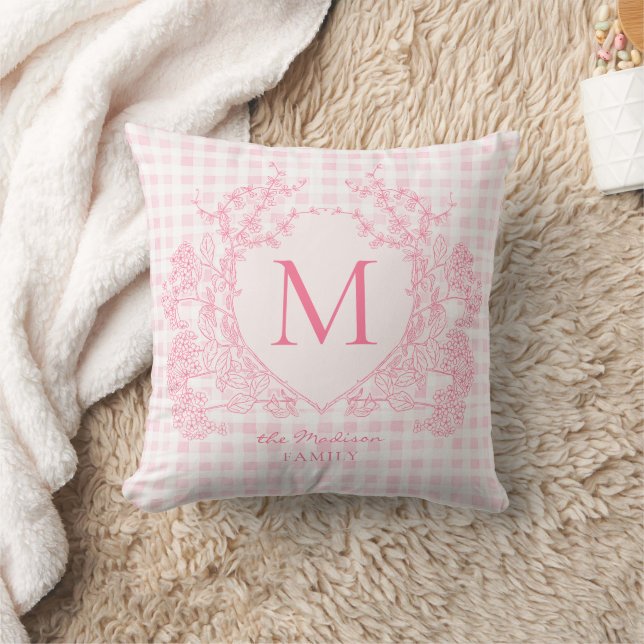 Blush Pink Gingham Floral Crest Monogram Cushion (Blanket)