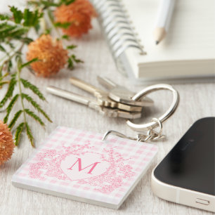 Blush Pink Gingham Floral Crest Monogram Key Ring