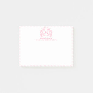 Blush Pink Gingham Floral Crest Monogram Post-it Notes