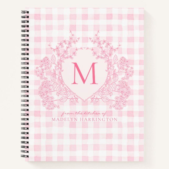 Blush Pink Gingham Floral Crest Monogram Recipe Notebook (Front)