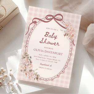 Blush Pink Gingham Floral Vintage Girl Baby Shower Invitation
