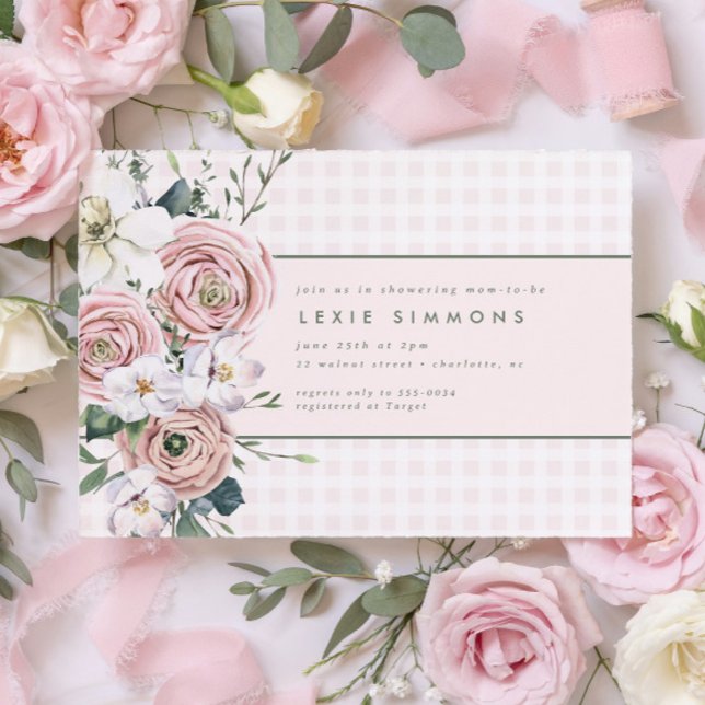 Blush Pink Gingham Flower Garden Baby Girl Shower Invitation (Creator Uploaded)