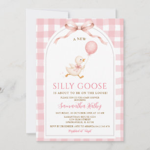 Blush Pink Gingham New Silly Goose Bow Baby Shower Invitation