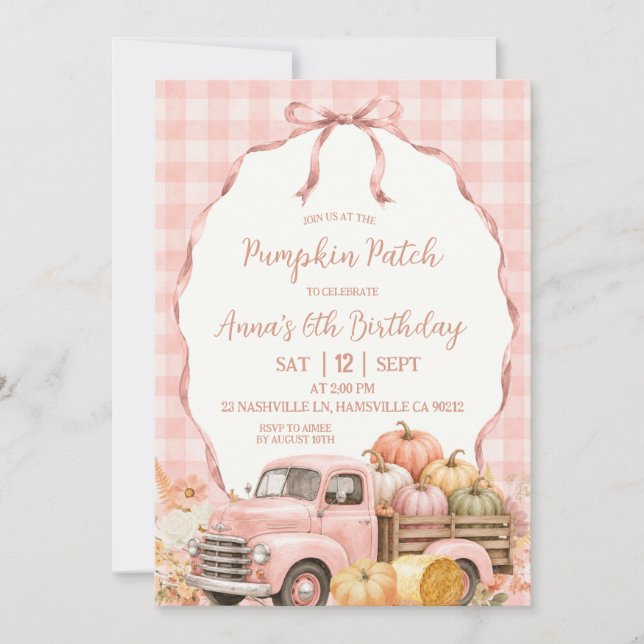 Blush Pink Gingham Pumpkin Patch Birthday Invitation (Front)