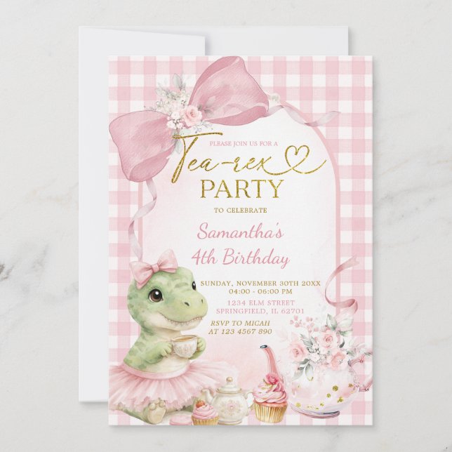 Blush Pink Gingham Tea-Rex Party Bow Dino Birthday Invitation (Front)
