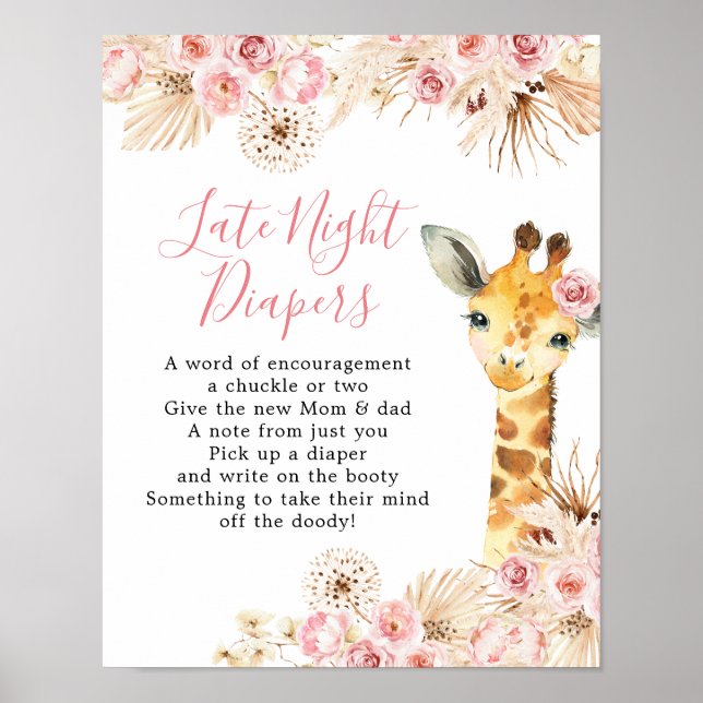 Blush Pink Giraffe Baby Shower Late Night Diaper Poster (Front)