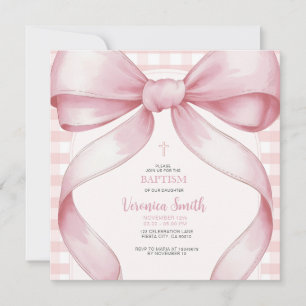 Blush Pink Girl BaptismBow Pearl Necklace Invitation