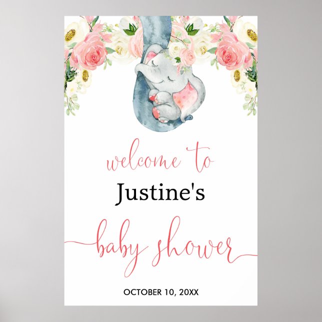 Blush pink girl elephant baby shower welcome sign (Front)