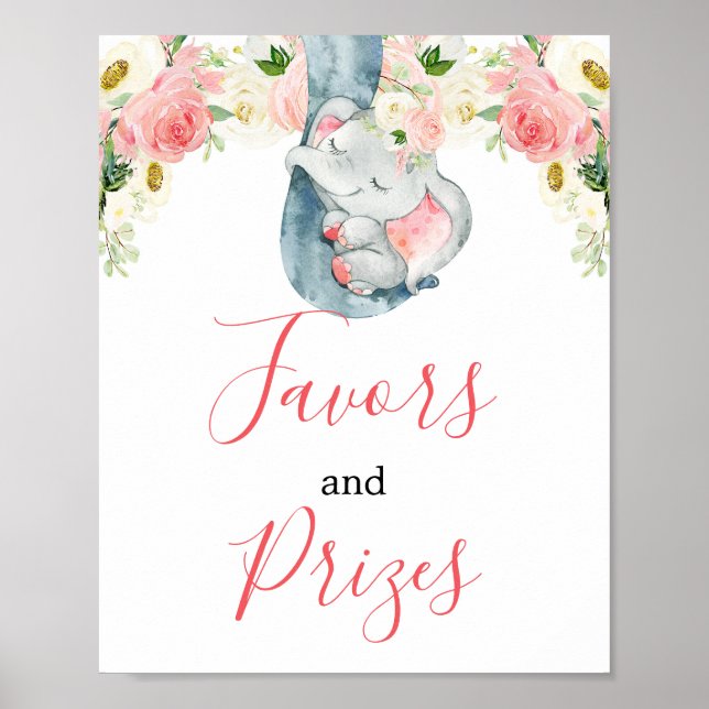 Blush pink girl elephant favours prizes sign (Front)