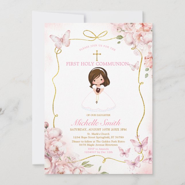 Blush Pink Girl Holding Bible First Holy Communion Invitation (Front)