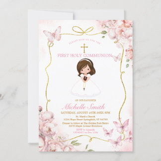 Blush Pink Girl Holding Bible First Holy Communion Invitation