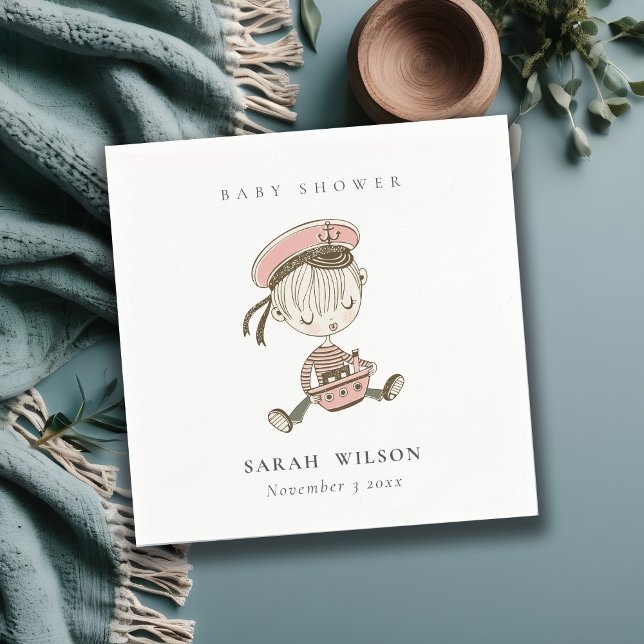 Blush Pink Girl Little Sailor Nautical Baby Shower Napkin (Creator Uploaded)