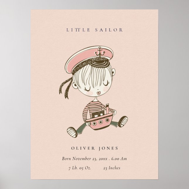 Blush Pink Girl Little Sailor Nautical Birth Stat Poster (Front)