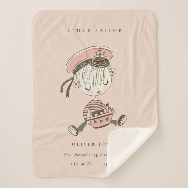 Blush Pink Girl Little Sailor Nautical Birth Stat Sherpa Blanket (Front)