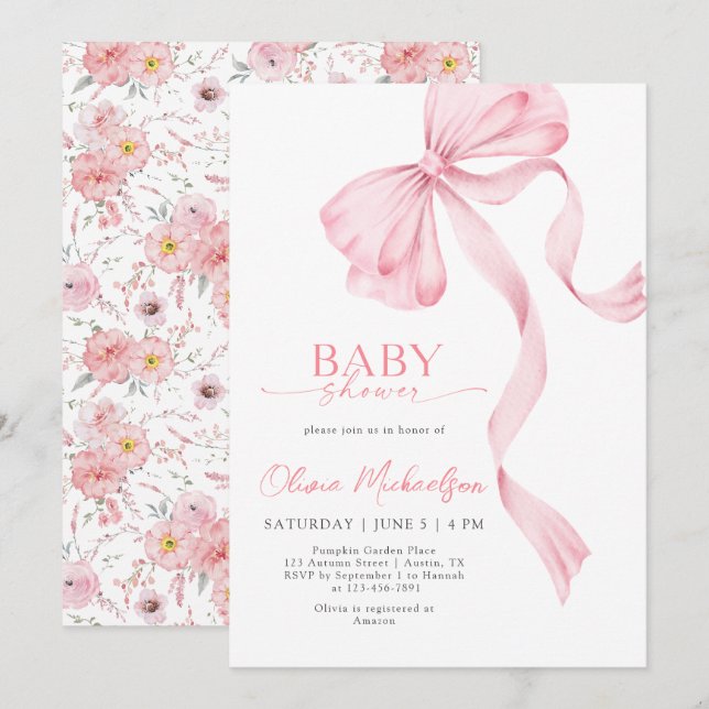 Blush Pink Girl Ribbon Bow Coquette Baby Shower Invitation (Front/Back)