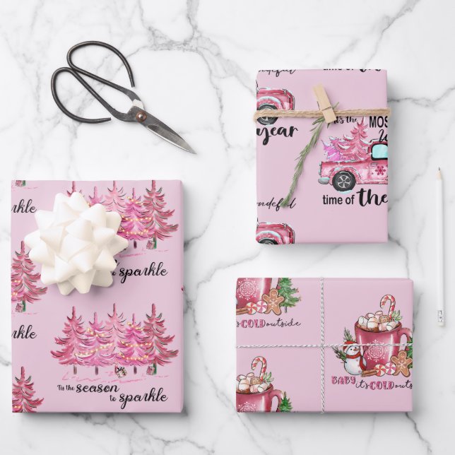 Blush Pink Girly Christmas Wrapping Paper Sheet (Front)
